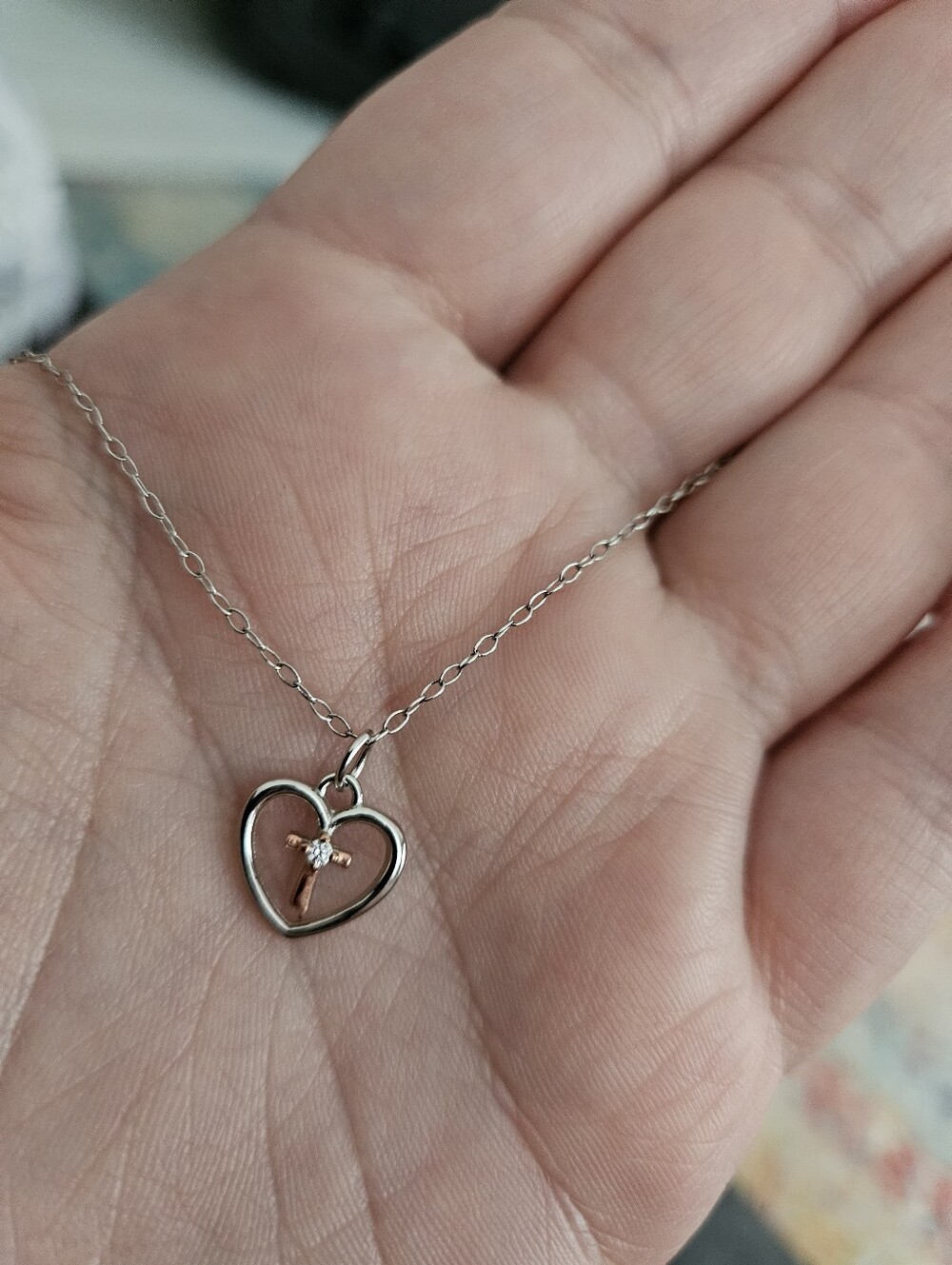Sterling Silver Two Toned Dainty Cross In A Heart Necklace Made With Swarovski
